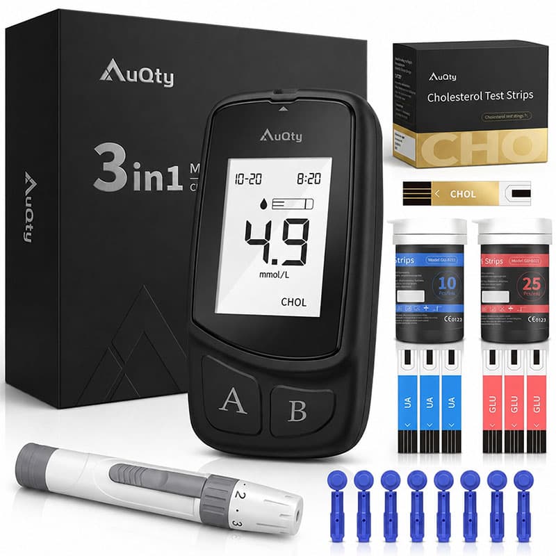 Cholesterol Test Kit 3-in-1 Full Pack – Blood Sugar Monitor, Uric Acid & Cholesterol Testing Machine, All Strips Included – AuQty UK