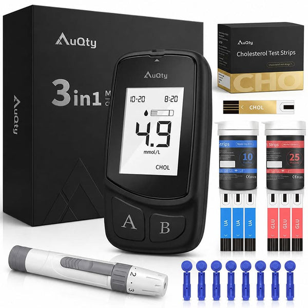 Cholesterol Test Kit 3-in-1 Full Pack – Blood Sugar Monitor, Uric Acid & Cholesterol Testing Machine, All Strips Included – AuQty UK