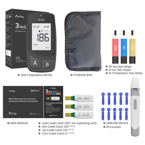 AuQty GUC: 3 In 1 Monitor (Cholesterol test kit, Glucose & Uric Acid)