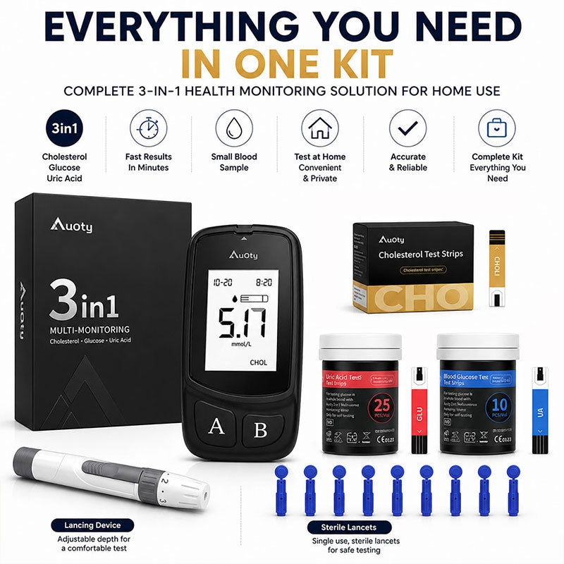 AuQty GUC 3-in-1 Health Monitor – Cholesterol, Glucose & Uric Acid Test Kit