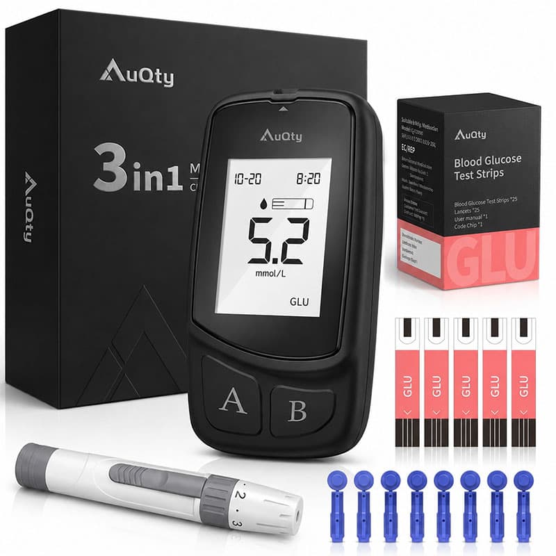 Blood Sugar Monitor 3-in-1 with Cholesterol Test Kit & Uric Acid – Blood Sugar Test Kit for Home Use UK – AuQty GUC, Glucose Starter Pack
