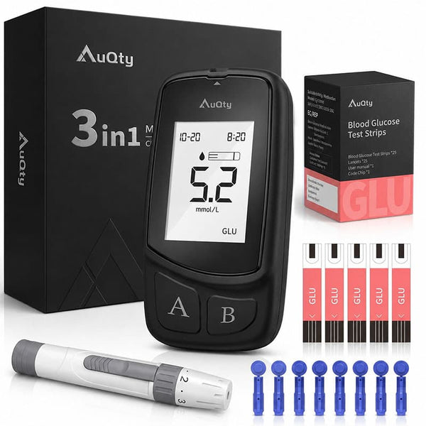 Blood Sugar Monitor 3-in-1 with Cholesterol Test Kit & Uric Acid – Blood Sugar Test Kit for Home Use UK – AuQty GUC, Glucose Starter Pack