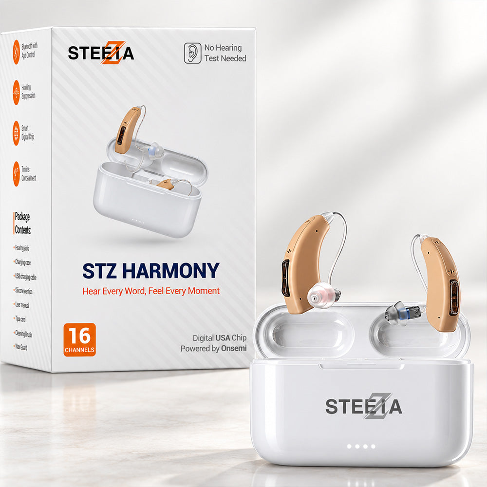 Bluetooth Hearing Aids – Rechargeable RIC Behind-the-Ear with App Control, Phone Calls & Music Streaming – Steezia hearing aids - STZ Harmony  Main image