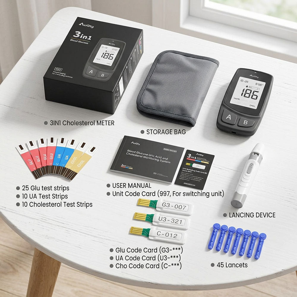 3 in 1 Cholesterol Test Kit with Glucose and Uric Acid Monitor – Fast, Accurate & Easy At Home cholesterol Testing for UK Adults