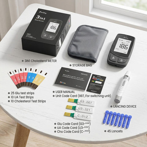 3 in 1 Cholesterol Test Kit with Glucose and Uric Acid Monitor – Fast, Accurate & Easy At Home cholesterol Testing for UK Adults